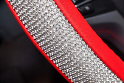 New Diamond Leather Steering Wheel Cover with Bling Bling Crystal Rhinestones, Universal Fit 15 Inch Car Wheel Protector for Women Girls Red