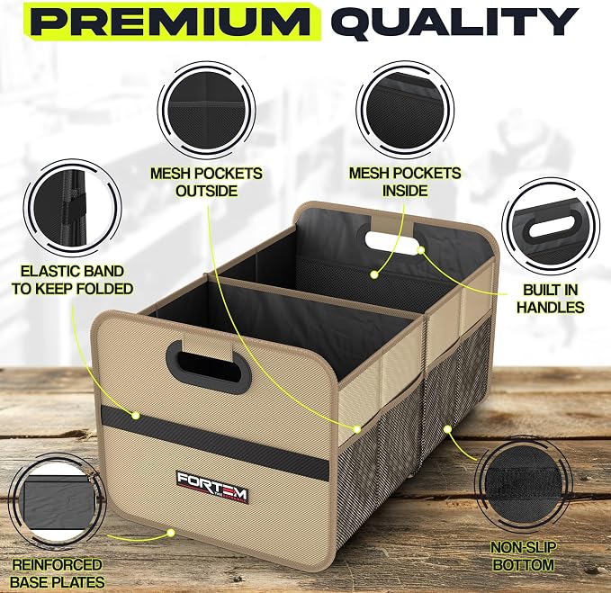 FORTEM Car Trunk Organizer, Collapsible Two Compartment Organizer, Foldable SUV & Truck Storage for Car Accessories for Women Men, Non Slip Bottom, Sturdy Side Walls, Strong Handles, 45L