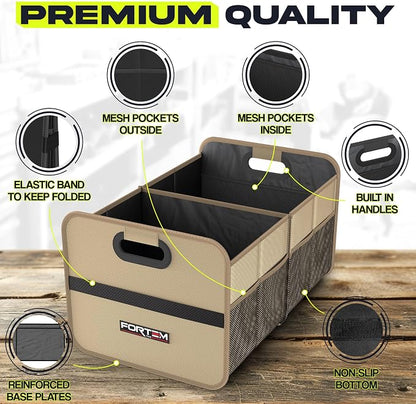 FORTEM Car Trunk Organizer, Collapsible Two Compartment Organizer, Foldable SUV & Truck Storage for Car Accessories for Women Men, Non Slip Bottom, Sturdy Side Walls, Strong Handles, 45L