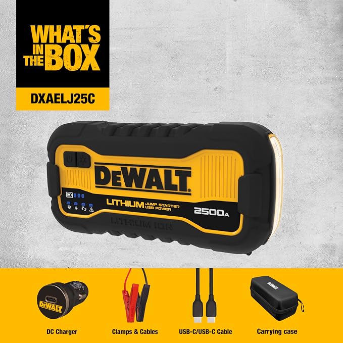 DeWalt DXAELJ25C 2500 Peak Amp Lithium Jump Starter with USB Power Bank and Carrying Case
