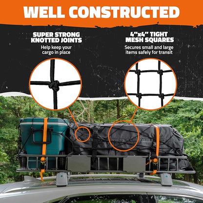 Mockins 50"x36" Large Cargo Net for Pickup Truck Bed, Roof Rack or Trailer | 6mm Thick Elastic Bungee Net with Hooks Stretching Up to 100"x75" | 4"x4" Square Safety Cargo Netting for Any Load Size