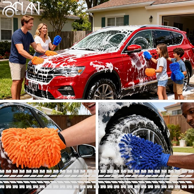 Raeyuan Car Wash Mitt - Premium Chenille Microfiber Wash Mitt for Car Cleaning, Scratch Free & Lint Free Washing Glove, Super Absorbent Noodle Sponge for Auto Detailing, SUV, Truck & Boat