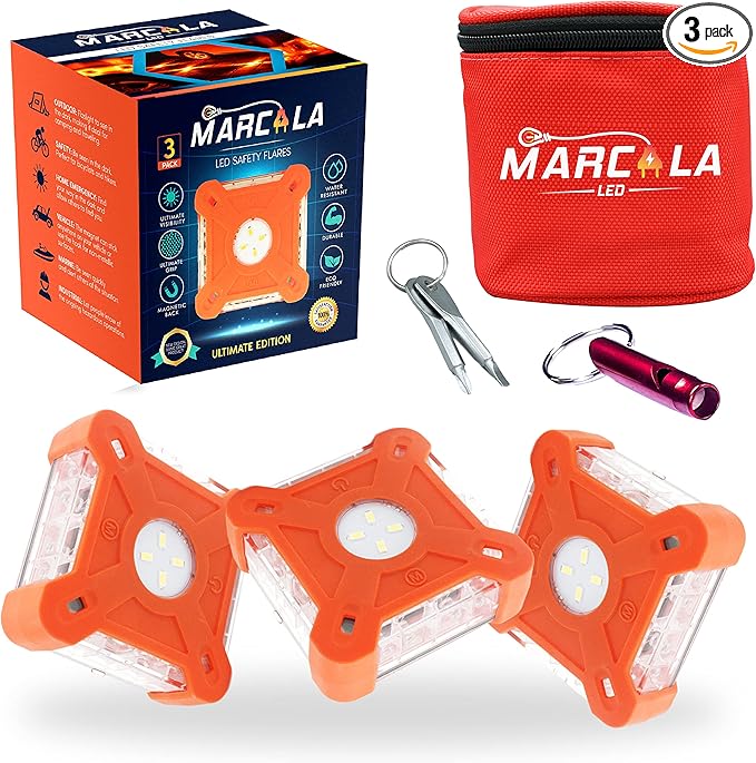 MARCALA Emergency Lights for Vehicles 3-Pack | LED Road Flares | Flares Emergency Road | LED Emergency Flares Include Batteries, Case, Whistle and are Stronger, Brighter & Better than round LED Flares