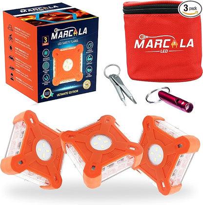 MARCALA Emergency Lights for Vehicles 3-Pack | LED Road Flares | Flares Emergency Road | LED Emergency Flares Include Batteries, Case, Whistle and are Stronger, Brighter & Better than round LED Flares