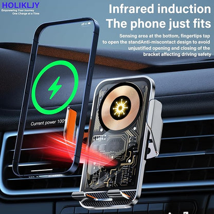 Wireless Charger Holder, Auto Clamp Vent Phone Mount - 15W Fast Charging Dual Induction Car Phone Mount with Transparent Design for iPhone 16 Pro Max 15 14 13 12 11, Sumsung S24 S23 S22 Series