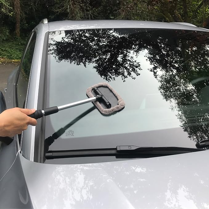 Polyte Pivoting Windshield Glass Cleaning Tool Extendable Aluminum Handle w/3 Premium Microfiber Covers