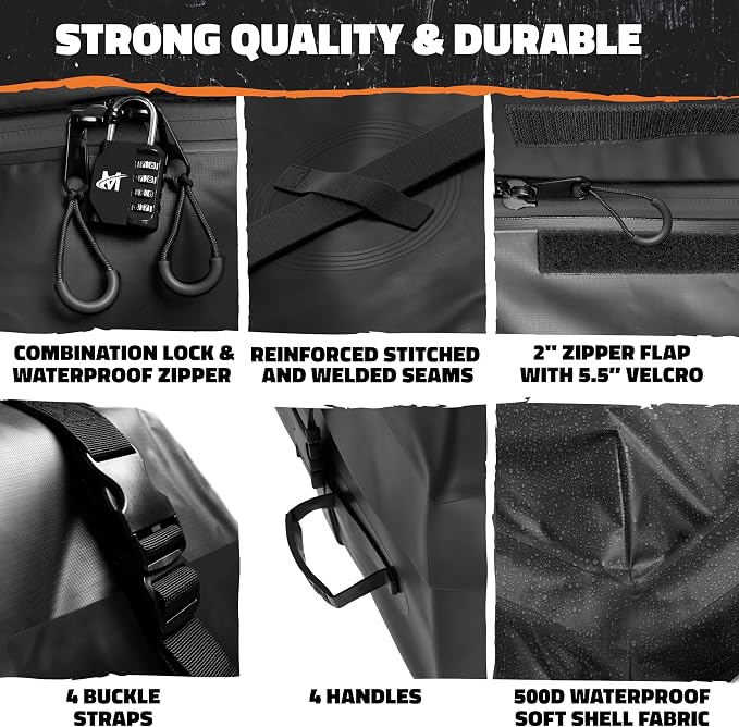 Mockins 25 CuFt Waterproof Rooftop Cargo Carrier Bag | 60"x43"x17" All-Weather 500D Soft-Shell Vinyl Car Top Carrier Without Roof Rack | Vehicle Soft-Shell Carriers with Roof Mat, Lock, Hooks & Straps