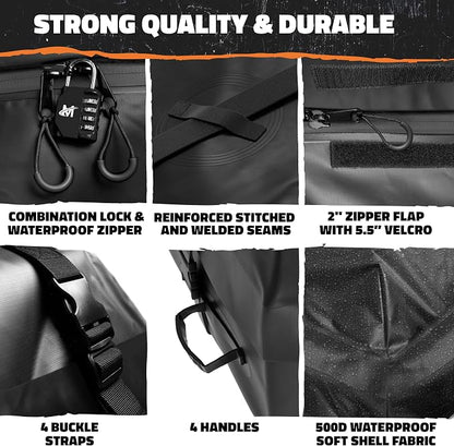 Mockins 25 CuFt Waterproof Rooftop Cargo Carrier Bag | 60"x43"x17" All-Weather 500D Soft-Shell Vinyl Car Top Carrier Without Roof Rack | Vehicle Soft-Shell Carriers with Roof Mat, Lock, Hooks & Straps