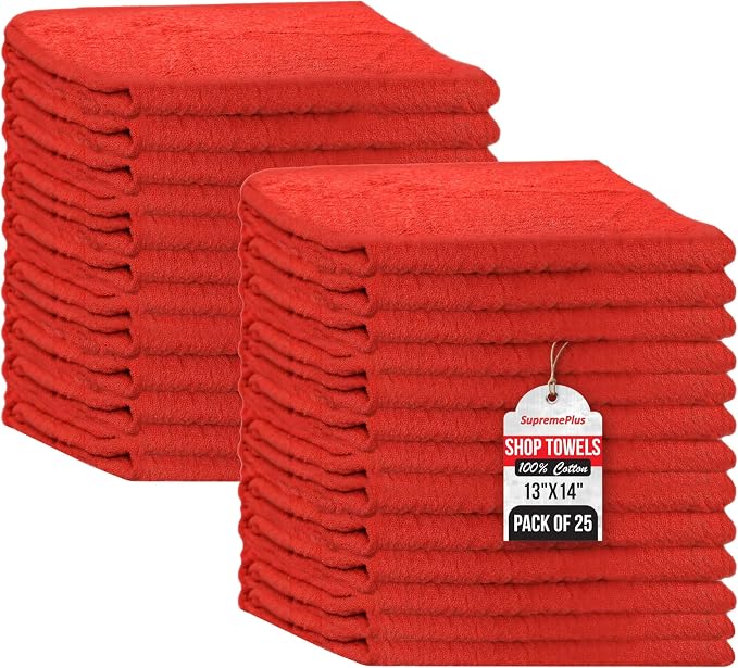 Shop Towels (Red, 25-Pack) - Bulk Cleaning Towel in a Bag, Mechanic Cotton Wipes for Car Maintenance, Auto Mechanics & Garage, Wipe Grease & Oil, Machine Wash & Reusable