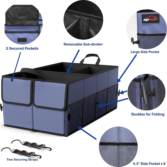 EPAuto Foldable Car Trunk Organizer for SUV, 3-Compartment with Removable Divider, Blue