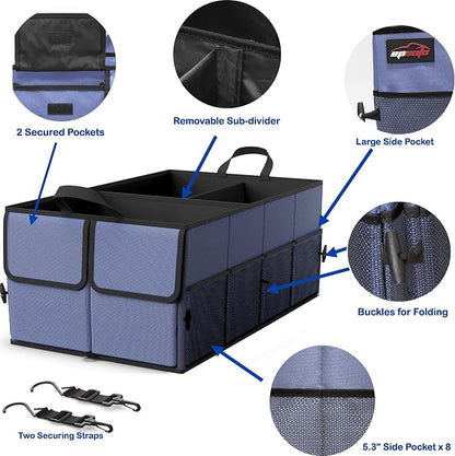 EPAuto Foldable Car Trunk Organizer for SUV, 3-Compartment with Removable Divider, Blue
