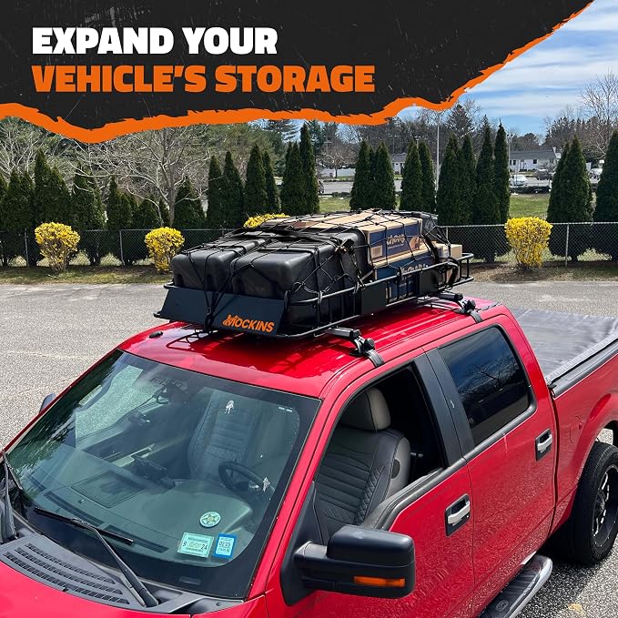 Mockins 64"x39"x6" Extendable Cargo Roof Rack Basket with 250 Lbs Capacity | Heavy-Duty Car Roof Cargo Carrier Rack Bundle with Straps & Net | All-Weather Steel Luggage Carrier for Car Rooftop Storage