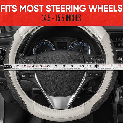 Motor Trend UltraSport White Carbon Fiber Steering Wheel Cover, Standard 15 inch Size, Black Faux Leather Comfort Grip, Car Steering Wheel Cover for Auto Truck Van SUV
