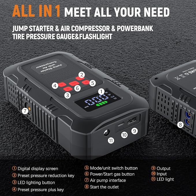6000A Jump Starter with Air Compressor, Portable Car Battery Jump Starter with 150 PSI Tire Inflator for Up to 10.0L Gas and 8.0L Diesel Engines, 12V Jump Box with LCD Display