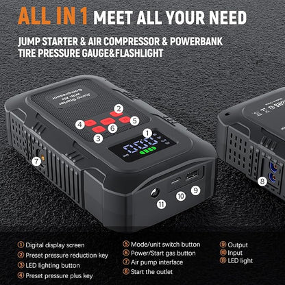 6000A Jump Starter with Air Compressor, Portable Car Battery Jump Starter with 150 PSI Tire Inflator for Up to 10.0L Gas and 8.0L Diesel Engines, 12V Jump Box with LCD Display