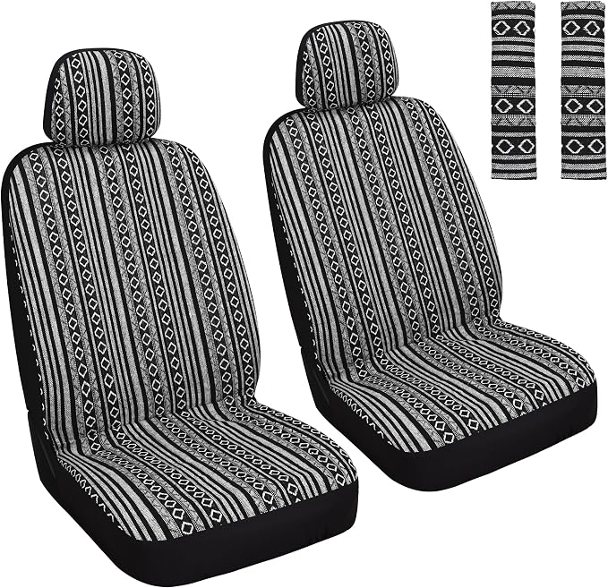 HAIYAOTIMES Baja Saddle Blanket Car Seat Covers Front Set with Seat Belt Pads, Washable Breathable Seat Covers for Cars, Universal Fit Interior Covers for Most Cars, Airbag Compatible, Black/White