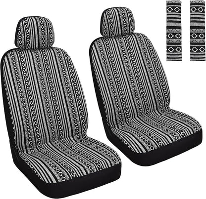 HAIYAOTIMES Baja Saddle Blanket Car Seat Covers Front Set with Seat Belt Pads, Washable Breathable Seat Covers for Cars, Universal Fit Interior Covers for Most Cars, Airbag Compatible, Black/White
