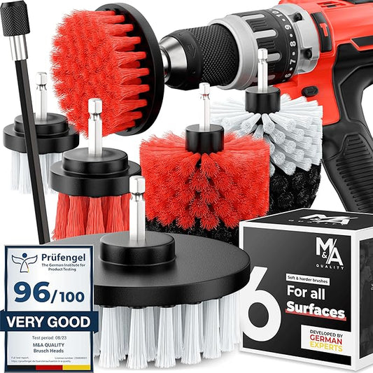 Drill Brush Attachments for Cleaning [Set of 6] Universally Cleans Cars, Rims, Upholstery, Tiles, and More I Brush Drill Attachment for Cleaning I Drill Brush for Car Detailing (Red-White-Black)