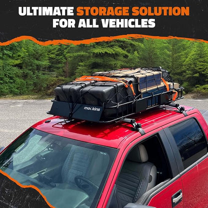 Mockins 64"x39"x6" Extendable Heavy Duty Roof Rack Basket & 16 Cu Ft Waterproof Cargo Bag for Top of Car | 250 Lbs Capacity Steel Rooftop Cargo Carrier for Top of Vehicle with Roof Basket Accessories