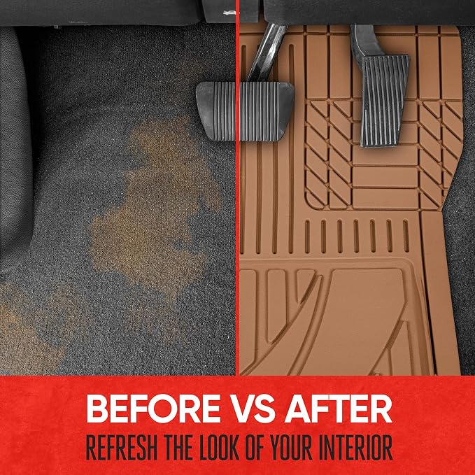 Motor Trend FlexTough™ Advanced Beige Rubber Car Floor Mats – Heavy Duty Trim to Fit All Weather Floor Mats for Cars Truck SUV - Automotive Car Interior Floor Liner Protection - Universal Fit