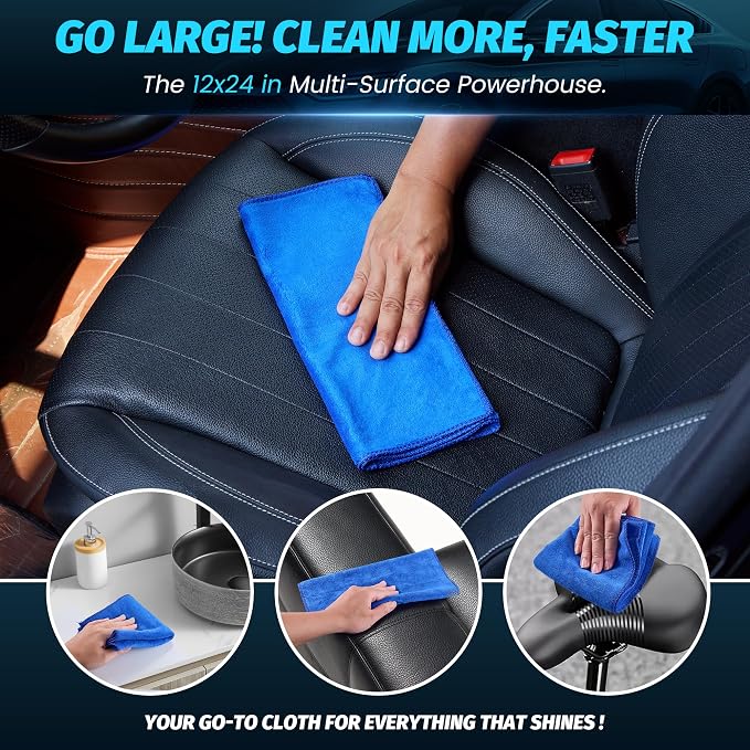 3 Pack Microfiber Cleaning Cloth Towels Blue - 12x24 Inch Micro Fiber Towels Car Detailing Weave Grime & Liquid for Streak-Free Mirror Shine Car Accessories for Men