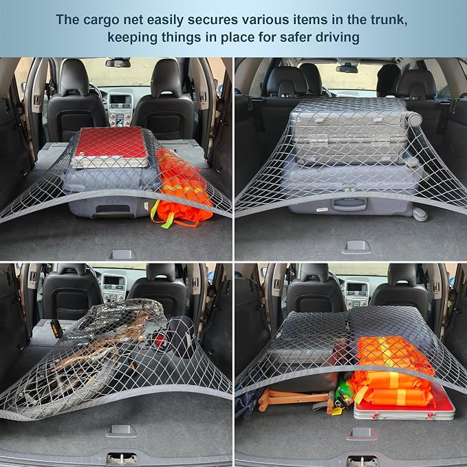 Cargo Net for SUV Trunk Organizer Elastic Storage Mesh Net with ABS Hook 31.5x23.6 Inches Stretch to 70.8x47.2 Inches Cargo Netting for Pickup Trucks Tailgate Accessories Gray