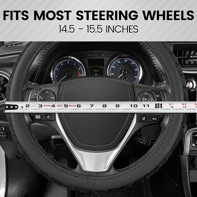 BDK GripTech Plush Fuzzy Steering Wheel Cover for Car Truck Van SUV, Standard 15 inch Size, Soft Black Fluffy Exterior, Comfortable Ergonomic Car Steering Wheel Cover