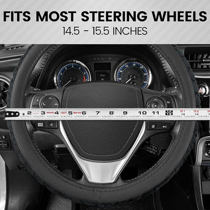 BDK GripTech Plush Fuzzy Steering Wheel Cover for Car Truck Van SUV, Standard 15 inch Size, Soft Black Fluffy Exterior, Comfortable Ergonomic Car Steering Wheel Cover