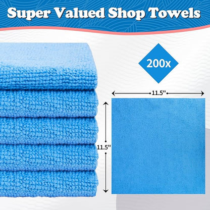 FIXSMITH Shop Towels, Microfiber Cleaning Cloth Bulk, 200 Pack Microfiber Towels for Cars, All-Purpose Absorbent Cleaning Rags, Dust Cloth for Automotive, Mechanic, Garage, Bar, 11.5 x 11.5 inch