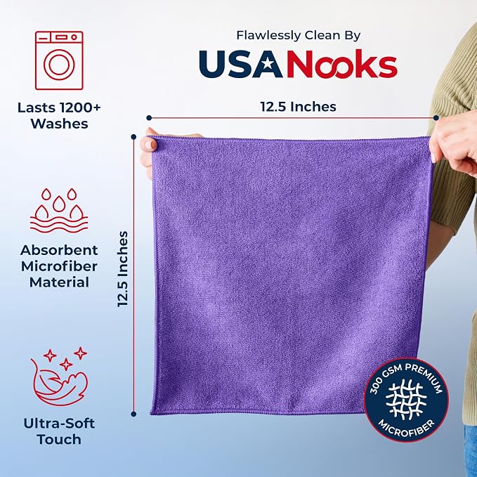 USANOOKS Premium 300GSM Microfiber Cleaning Cloth - 12.5"x12.5" High Performance - 1200 Washes, Ultra Absorbent Microfiber Towels for Cars Undercarriage, Rims & Engine Bay Cleaning - Microfiber Cloth