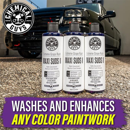 Chemical Guys CWS/1010/64 Maxi-Suds II Foaming Car Wash Soap (Works with Foam Cannons, Foam Guns or Bucket Washes) Safe for Cars, Trucks, Motorcycles, RVs & More, 64 fl. Oz (Half Gallon), Grape Scent