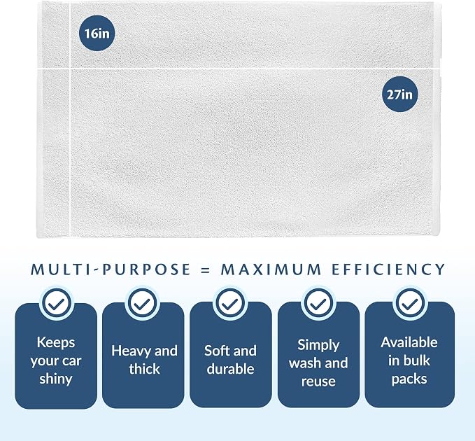 Cotton Towels for Multiple Use, 100% Ring Spun Cotton Towel Set, Heavy Duty - Super Absorbent Cleaning Towels for Car and Home - 16” X 27” (12 Pack, White)
