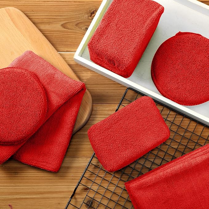 12 Pack Microfiber Applicator Pad Microfiber Sponge for Car Include Round Wax Microfiber Applicator Rectangle Car Drying Towel Exterior Auto Detailing Kit for Cleaning (Red)