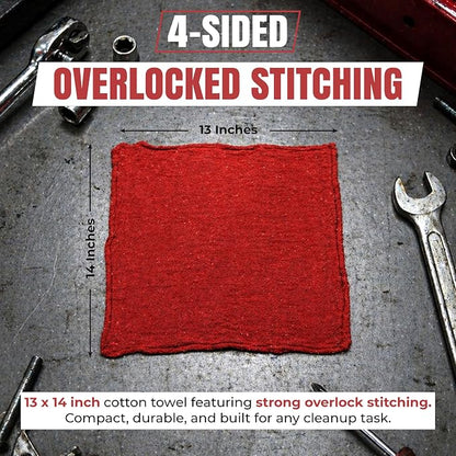 Auto Mechanic Shop Towels (13"x14"), 12 Pack Red - 100% Cotton Commercial Grade Rags for Cleaning & Maintenance, Garage Supplies - Professional Mechanics Reusable Wipes