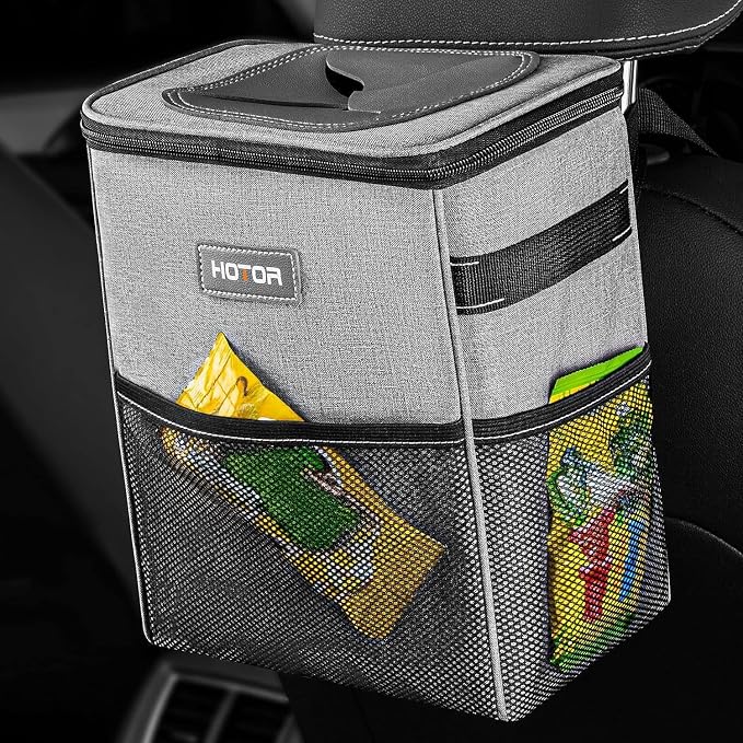 HOTOR Car Trash Can - Multifunctional Car Accessory for Interior Stuff with Compact Design, Waterproof Organizer and Storage with Adjustable Straps, Magnetic Snaps (Light Gray)