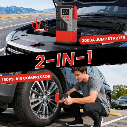 Portable Car Jump Starter with Air Compressor for Emergencies,3000A Peak and 150 PSI Max,for 12L Gas & 10L Diesel Engines,LCD Display,LED Light