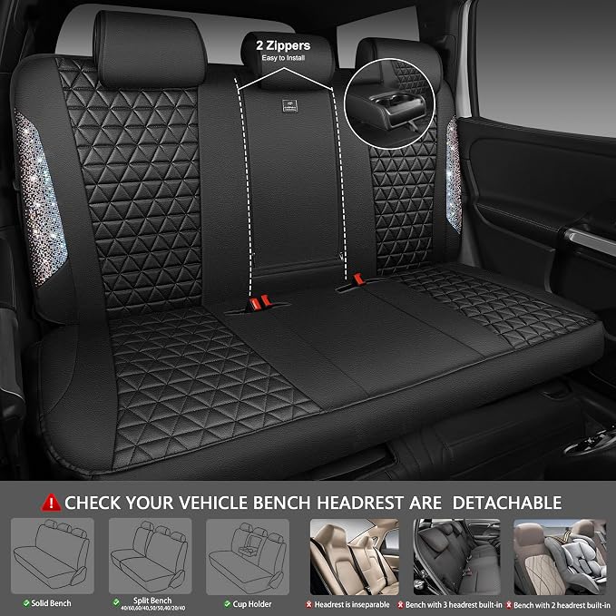 CAR PASS Bling Diamond Leather Car Seat Covers Full Seats Interior Sets, Waterproof Shining Glitter Sparkly Crystal Universal Armrest Automotive Truck SUV Cute Women Girl, Black Multicolor Rhinestone