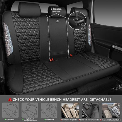 CAR PASS Bling Diamond Leather Car Seat Covers Full Seats Interior Sets, Waterproof Shining Glitter Sparkly Crystal Universal Armrest Automotive Truck SUV Cute Women Girl, Black Multicolor Rhinestone