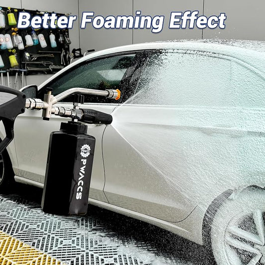 PWACCS Dual Foam Cannon with Pressure Washer Short Gun, 1.5 Liter | Car Wash Foam Gun Kit, Dual Connector Accessory, 1/4" Quick Connector, 5 Sprayer Nozzles, 5000 PSI
