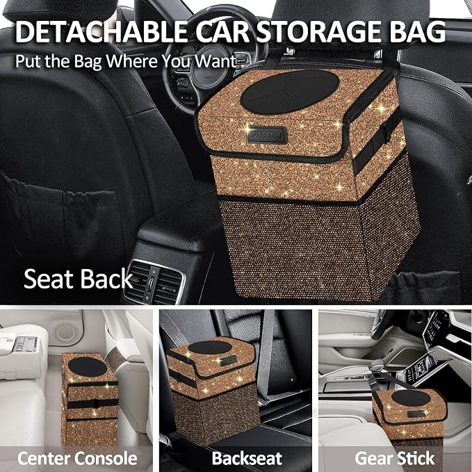 Cute Mini Car Trash Bag with Lid, Glitter Garbage Can Bin Hanging for Back/Front Seat/Console, Waterproof, Leakproof, 2.5 Gallon, Brown Bling Sparkly