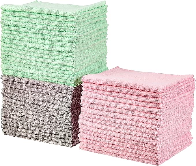 Amazon Basics Microfiber Cleaning Cloths, Ultra Absorbent, Scratch-Free, Non-Abrasive, Reusable and Washable, 16" x 12", Green/Gray/Pink, 48-Pack