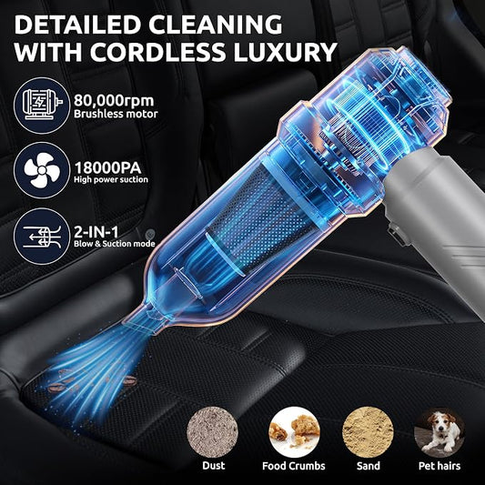 Handheld Vacuum Cordless Vacuum Cleaner with 9 Extensions, 18000Pa Brushless Suction & Air Blower (2-in-1), 7800mAH Battery, Steel+HEPA Filter, Car Vacuum, Dust Buster for Interior, Home & Pet Hair