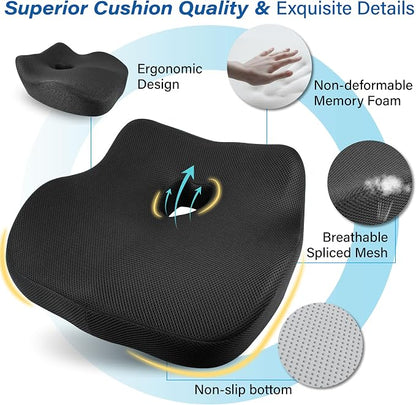 Car Seat Cushion, Ergonomic Memory Foam Car Cushion for Sciatica Pain Relief, Larger Driving Seat Pillow for Short Drivers on Long Drives - Butt Pillow for Truck, Office, Wheelchair - Classic Black