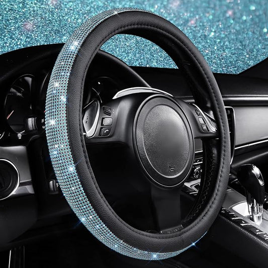 CAR PASS Mint Diamond Black Leather Steering Wheel Cover, Bling Blue Crystal Rhinestones Universal Fit 14"1/2-15" Crystal Glitter for Women Sparkle Girl Fit Suvs,Vans,Sedans,Cars,Trucks, Mint Diamond