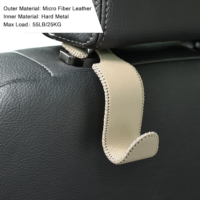Amooca Car Seat Headrest Hook 4 Pack Metal Core Hanger Universal Car Storage Organizer for Handbag Purse Coat S Type Leather Beige