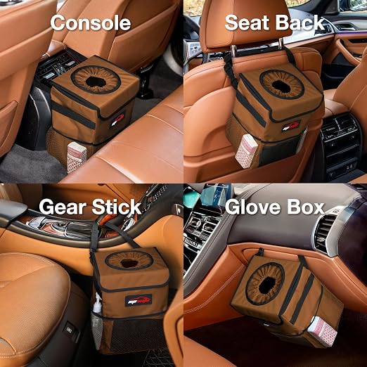 EPAuto Waterproof Car Trash Can with Lid and Storage Pockets, 2.5 Gallon Leakproof, Brown