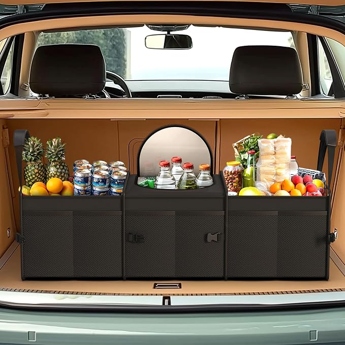 Trunk Organizer, 95L Capacity SUV Trunk Organizer with Cooler, 3 Compartments Heavy Duty Collapsible Car Storage Organizer for Truck, Van