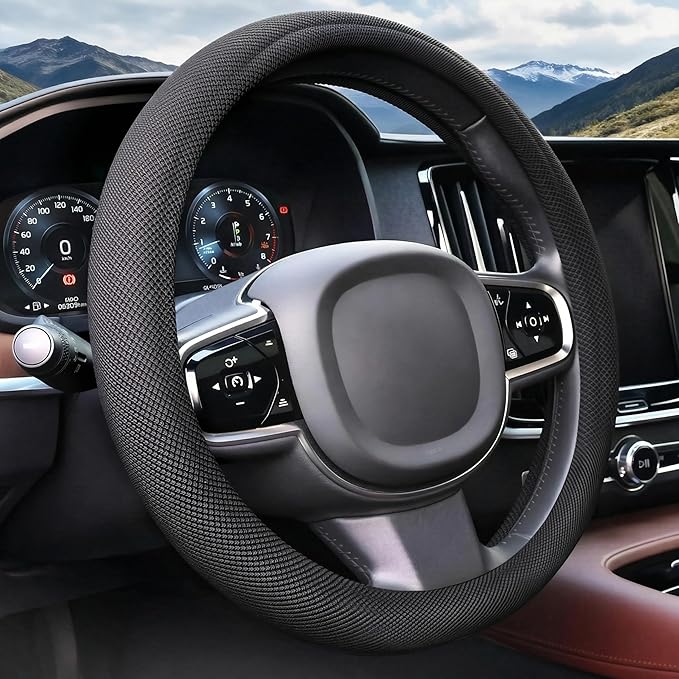 Universal Black Steering Wheel Cover, Microfiber Ice Silk Non-Slip Breathable Cooling Steering Wheel Protector with Upgraded Silicone Inner Ring Warm in Winter Cool in Summer