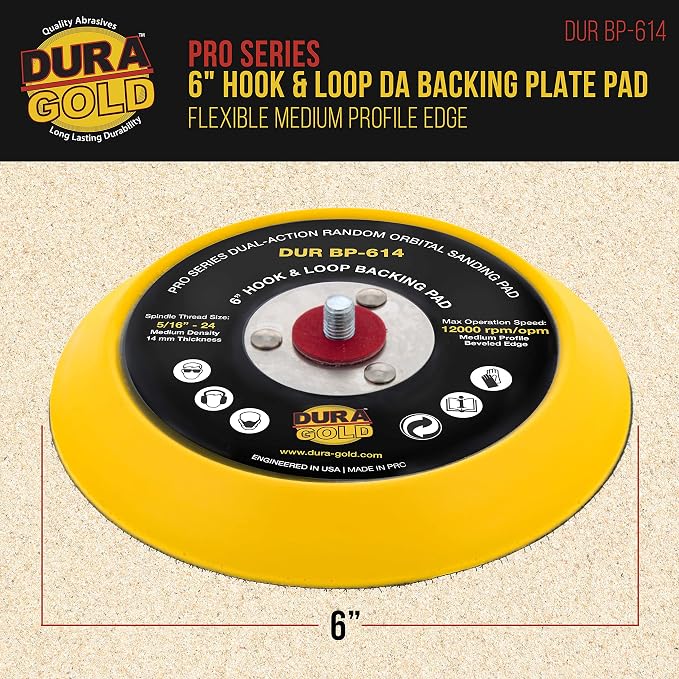 Dura-Gold Pro Series 6" Hook & Loop DA Backing Plate Pad - 14mm Thick Medium Profile Edge, Dual-Action Random Orbital Sanding Pad, 5/16" - 24 Threads - for Sander Polisher Auto Woodworking Sandpaper