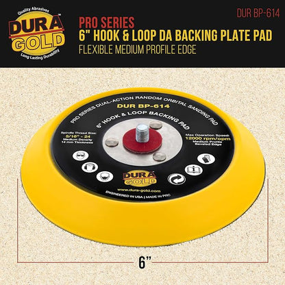 Dura-Gold Pro Series 6" Hook & Loop DA Backing Plate Pad - 14mm Thick Medium Profile Edge, Dual-Action Random Orbital Sanding Pad, 5/16" - 24 Threads - for Sander Polisher Auto Woodworking Sandpaper
